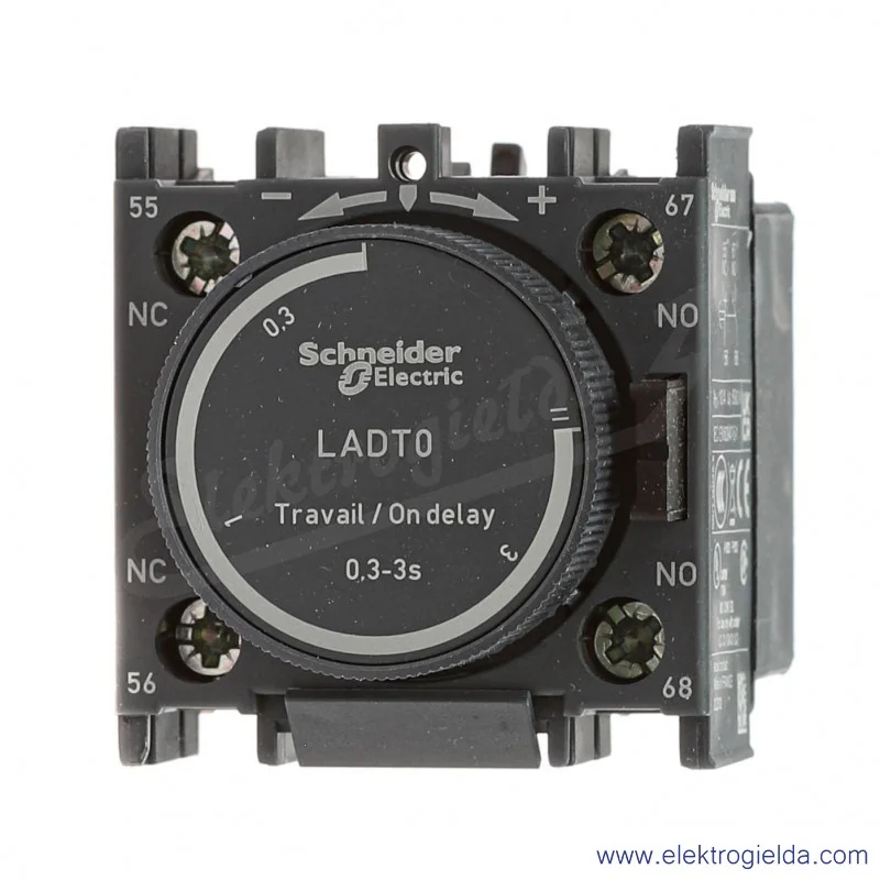 LADT0 Blok styków z zadziałaniem czasowym 0,3-3s 1Z+1R opóźnione zadziałanie po włączeniu stycznika, zaciski śrubowe LADT0 Blok styków z zadziałaniem czasowym 0,3-3s 1Z+1R opóźnione zadziałanie po włączeniu stycznika, zaciski śrubowe