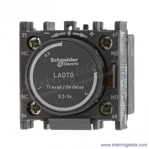 LADT0 Blok styków z zadziałaniem czasowym 0,3-3s 1Z+1R opóźnione zadziałanie po włączeniu stycznika, zaciski śrubowe LADT0 Blok styków z zadziałaniem czasowym 0,3-3s 1Z+1R opóźnione zadziałanie po włączeniu stycznika, zaciski śrubowe