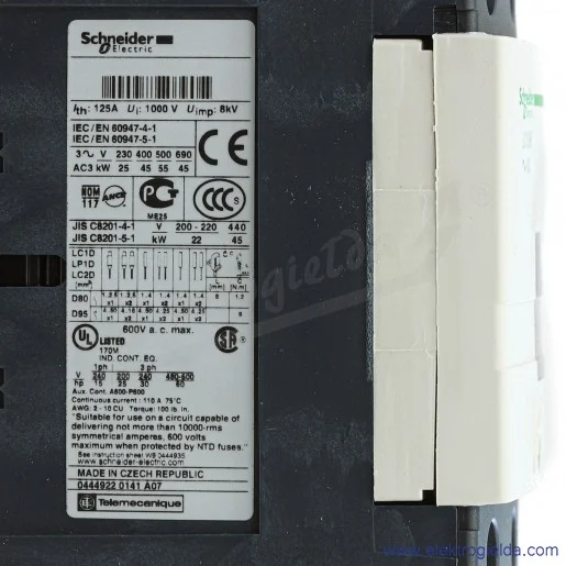 LC1D95P7 1z+1r 45kW 125A Uc 230 VAC 50/60Hz Stycznik zaciski śrubowe LC1D95P7 1z+1r 45kW 125A Uc 230 VAC 50/60Hz Stycznik zaciski śrubowe