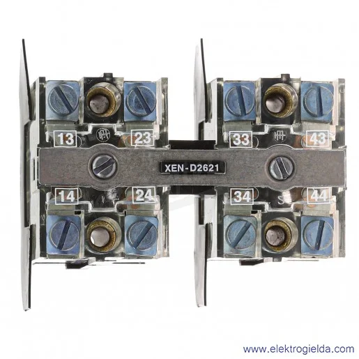 Blok styków XEND2621 z samoczynnym powrotem 2NO, 2-prędkości, montaż czołowy 40 mm Blok styków XEND2621 z samoczynnym powrotem 2NO, 2-prędkości, montaż czołowy 40 mm