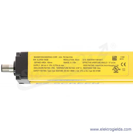 Kurtyna bezpieczeństwa 3072387 SLSP30-150Q88 zasięg 100..18000mm, wysokość 150mm, bez mutingu, złącza M12 8P, zasilanie 24VDC, 2 Kurtyna bezpieczeństwa 3072387 SLSP30-150Q88 zasięg 100..18000mm, wysokość 150mm, bez mutingu, złącza M12 8P, zasilanie 24VDC, 2