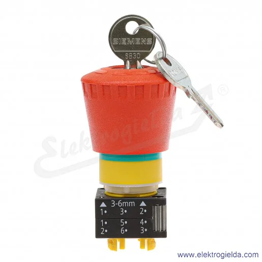 Przycisk bezpieczeństwa 3SB30001BA20 3SB3000-1BA20 40mm, z wymuszonym blokowaniem, z zamkiem ronis, w komplecie 2 klucze, odblok Przycisk bezpieczeństwa 3SB30001BA20 3SB3000-1BA20 40mm, z wymuszonym blokowaniem, z zamkiem ronis, w komplecie 2 klucze, odblok