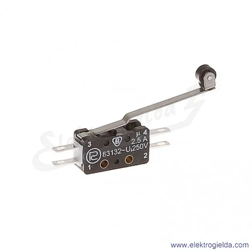 Łącznik krańcowy miniaturowy 83-132s 54Er 34,4s z dźwignią 34,4mm i rolką 1Z+1R srebrzony Łącznik krańcowy miniaturowy 83-132s 54Er 34,4s z dźwignią 34,4mm i rolką 1Z+1R srebrzony