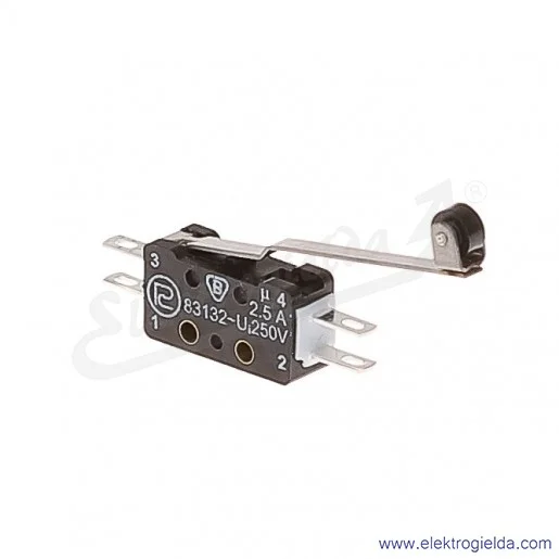 Łącznik krańcowy miniaturowy 83-132s 54Er 34,4s z dźwignią 34,4mm i rolką 1Z+1R srebrzony Łącznik krańcowy miniaturowy 83-132s 54Er 34,4s z dźwignią 34,4mm i rolką 1Z+1R srebrzony