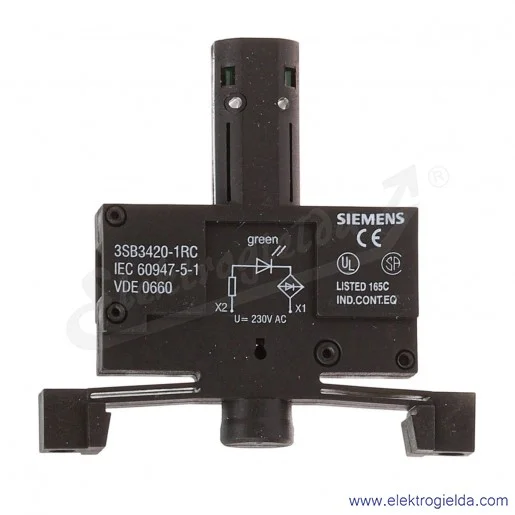 Oprawka LED 3SB34201RC 3SB3420-1RC zielona 230VAC, do mocowania w dolnej części kasety Oprawka LED 3SB34201RC 3SB3420-1RC zielona 230VAC, do mocowania w dolnej części kasety