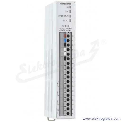 Przekaźnik bezpieczeństwa SFC13 do kurtyn SF4B, zasilanie 24VDC, 3 wyjścia bezpieczeństwa NO, 1 wyjście pomocnicze NC, montaż DI Przekaźnik bezpieczeństwa SFC13 do kurtyn SF4B, zasilanie 24VDC, 3 wyjścia bezpieczeństwa NO, 1 wyjście pomocnicze NC, montaż DI