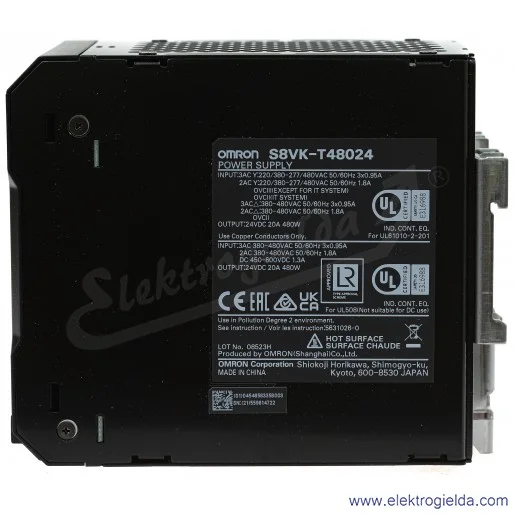 Zasilacz impulsowy S8VK-T48024 zasilanie 380..480VAC, wyjście 480W, 24VDC, 20A, montaż DIN Zasilacz impulsowy S8VK-T48024 zasilanie 380..480VAC, wyjście 480W, 24VDC, 20A, montaż DIN