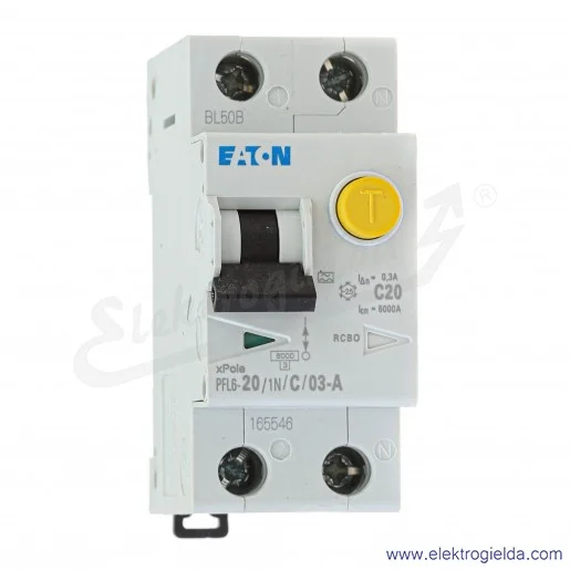Wyłącznik różnicowo-nadprądowy PFL6-20/1N/C/03-A 1P+N 20A C 0,3A typ A Wyłącznik różnicowo-nadprądowy PFL6-20/1N/C/03-A 1P+N 20A C 0,3A typ A