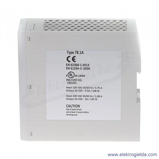 Zasilacz impulsowy 78.1A.1.230.2402 AC/DC na szynę DIN 120W 24V DC 4,5A Zasilacz impulsowy 78.1A.1.230.2402 AC/DC na szynę DIN 120W 24V DC 4,5A
