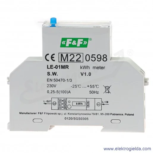 Licznik energii elektrycznej LE-01MR jednofazowy, RS-485, LCD, 100A, rejestracja parametrów sieci U, I, F, P, Q, AE+, RE+