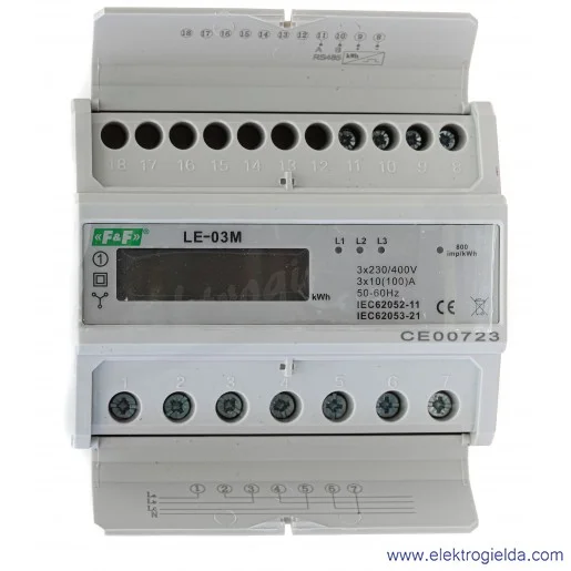 Licznik energii elektrycznej LE-03M trójfazowy, RS-485 MODBUS, wyświetlacz LCD, kl.1, 3x10(100A)