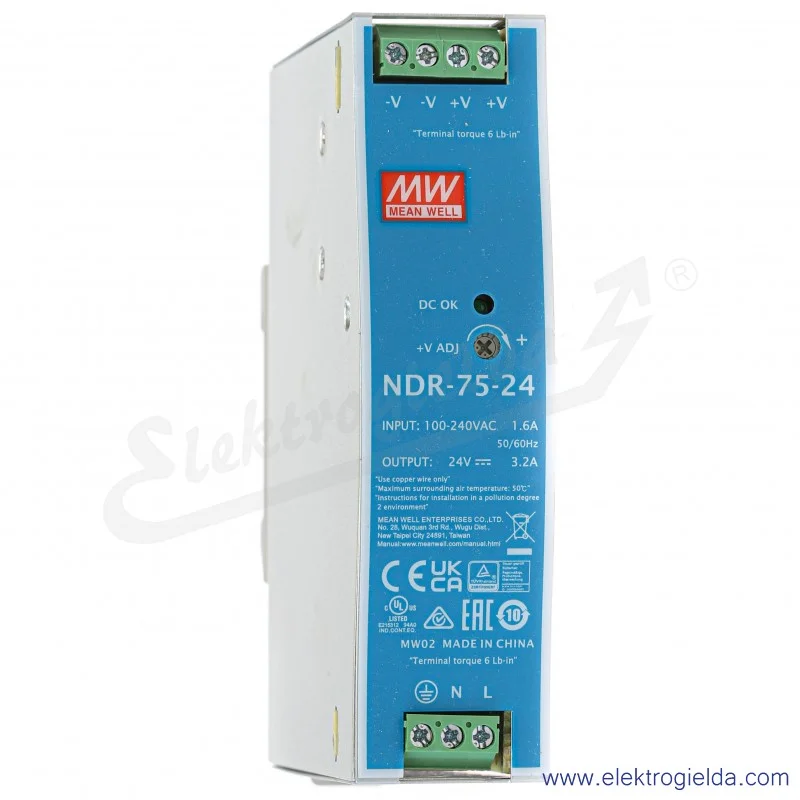 Zasilacz impulsowy NDR-75-24 zasilanie 90-264VAC lub 124-370VDC , wyjście 24V 3.2A 75W