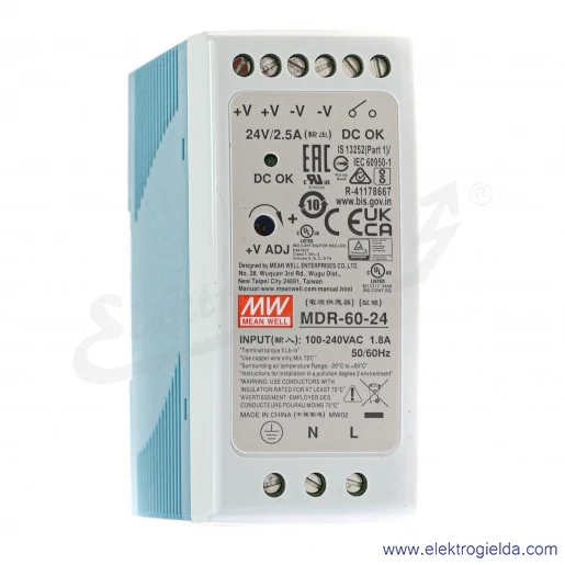 Zasilacz MDR-60-24 zasilanie 85-264VAC lub 120-370VDC, wyjście 24V 2,5A 60W Zasilacz MDR-60-24 zasilanie 85-264VAC lub 120-370VDC, wyjście 24V 2,5A 60W