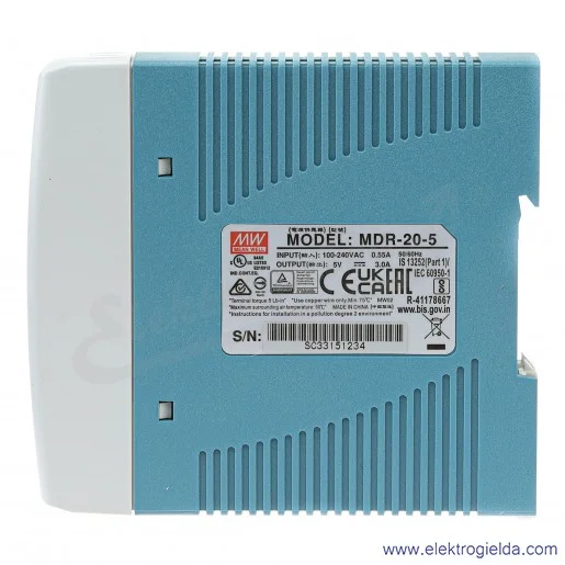 Zasilacz MDR-20-5 zasilanie 85-264VAC lub 120-370VDC, wyjście 5VDC 3A 20W Zasilacz MDR-20-5 zasilanie 85-264VAC lub 120-370VDC, wyjście 5VDC 3A 20W