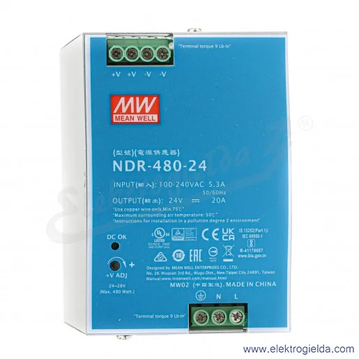 Zasilacz impulsowy NDR-480-24 zasilanie 90-264VAC lub 124-370VDC, wyjście 24V 20A 480W