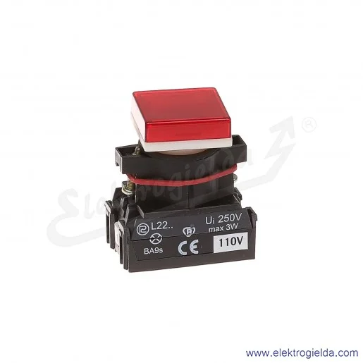 Lampka sygnalizacyjna L22Kc 110V AC czerwona klosz kwadratowy płaski Lampka sygnalizacyjna L22Kc 110V AC czerwona klosz kwadratowy płaski