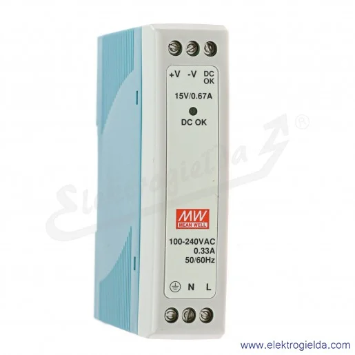 Zasilacz impulsowy MDR-10-15 zasilanie 85-264VAC lub 120-370VDC, wyjście 15V 0.67A 10W Zasilacz impulsowy MDR-10-15 zasilanie 85-264VAC lub 120-370VDC, wyjście 15V 0.67A 10W