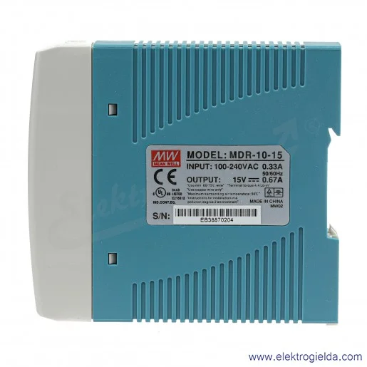 Zasilacz impulsowy MDR-10-15 zasilanie 85-264VAC lub 120-370VDC, wyjście 15V 0.67A 10W
