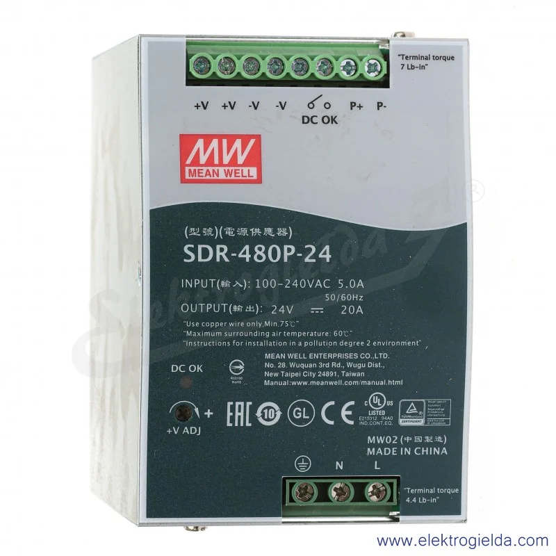 Zasilacz impulsowy SDR-480P-24 zasilanie 88..264VAC lub 124..370VDC, wyjście 24V 480W 20A