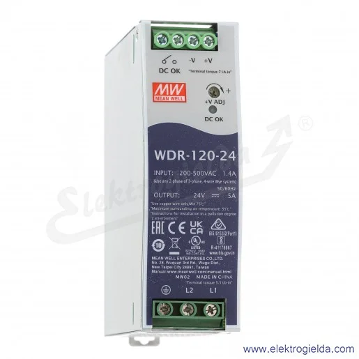 Zasilacz WDR-120-24 zasilanie 180-550VAC lub 254-780VDC, wyjście 24V 5A 120W