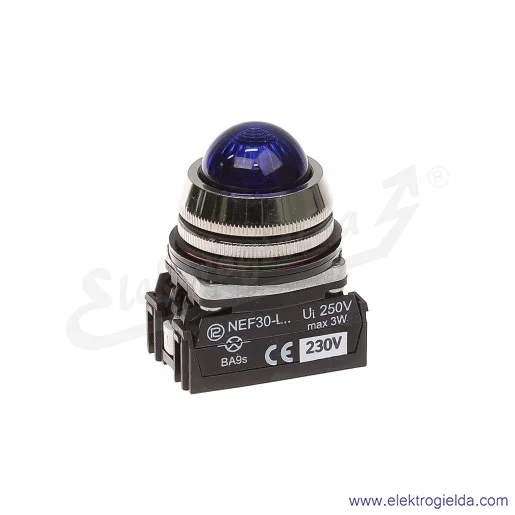 Lampka sygnalizacyjna NEF30 LEn 230V AC/DC niebieska klosz sferyczny 30mm Lampka sygnalizacyjna NEF30 LEn 230V AC/DC niebieska klosz sferyczny 30mm