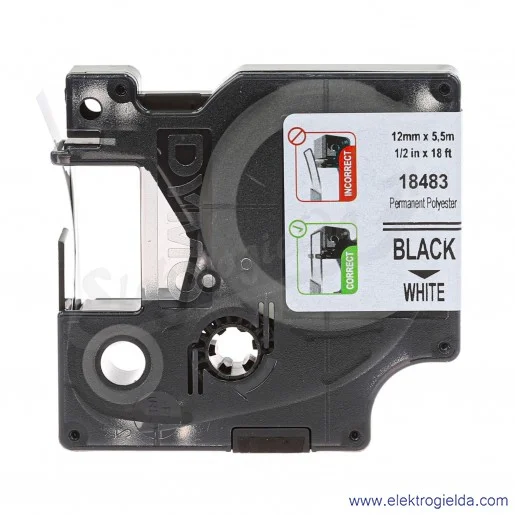 Taśma Dymo 18483 12mmx5.5m czarny/biały poliestrowa czarny nadruk biała taśma Taśma Dymo 18483 12mmx5.5m czarny/biały poliestrowa czarny nadruk biała taśma