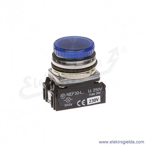 Lampka sygnalizacyjna NEF30 LPn 230V AC/DC niebieska klosz płaski 30mm Lampka sygnalizacyjna NEF30 LPn 230V AC/DC niebieska klosz płaski 30mm