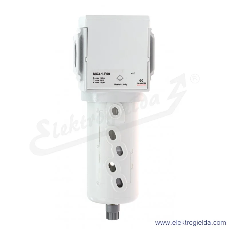 Filtr powietrza MX3-1-F00, G1, filtracja 25 µm, 0,3-16 Bar, 6200 l/min, spust półautomatyczny-ręczny, Camozzi Filtr powietrza MX3-1-F00, G1, filtracja 25 µm, 0,3-16 Bar, 6200 l/min, spust półautomatyczny-ręczny, Camozzi