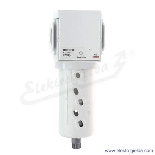 Filtr powietrza MX3-1-F00, G1, filtracja 25 µm, 0,3-16 Bar, 6200 l/min, spust półautomatyczny-ręczny, Camozzi Filtr powietrza MX3-1-F00, G1, filtracja 25 µm, 0,3-16 Bar, 6200 l/min, spust półautomatyczny-ręczny, Camozzi