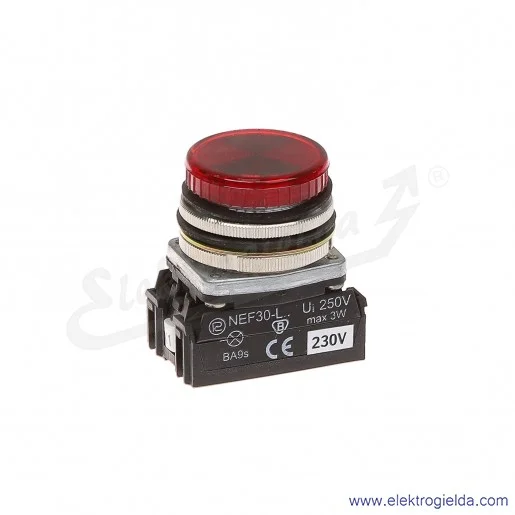 Lampka sygnalizacyjna NEF30 LPc 230V AC/DC czerwona klosz płaski 30mm Lampka sygnalizacyjna NEF30 LPc 230V AC/DC czerwona klosz płaski 30mm