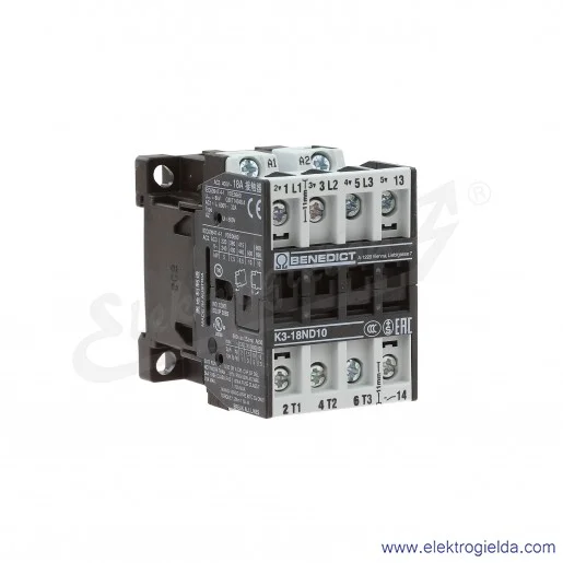 Stycznik K3-18ND10-230, 1NO, 3-polowy, 7.5kW, 18A, 230VAC Stycznik K3-18ND10-230, 1NO, 3-polowy, 7.5kW, 18A, 230VAC