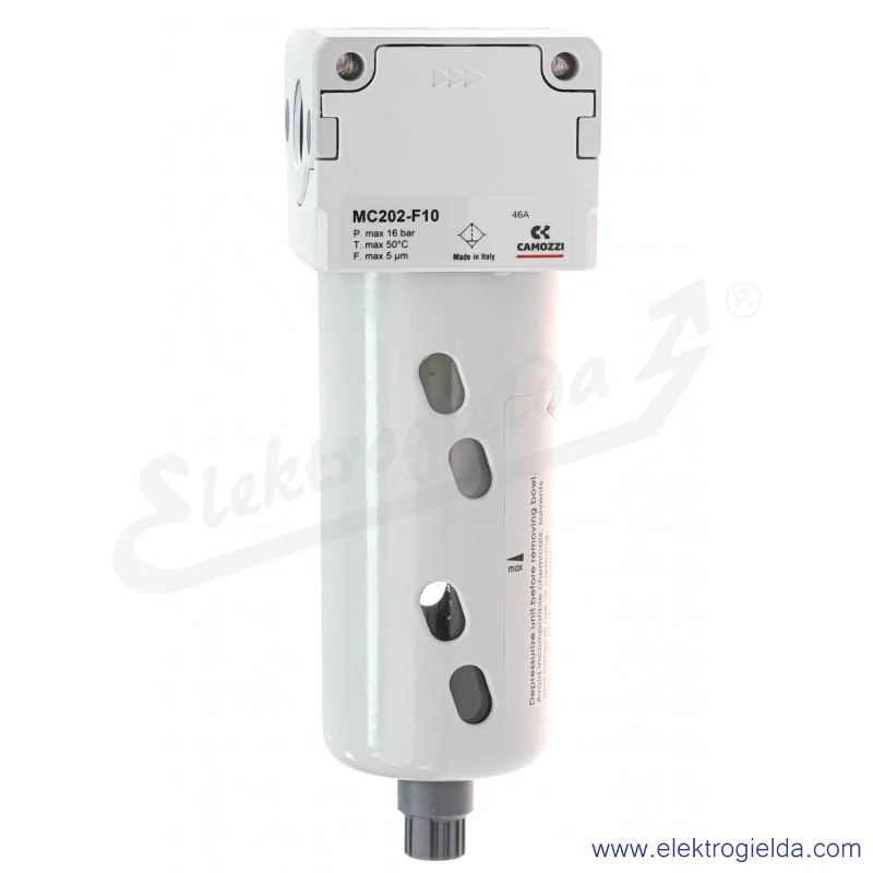 Filtr powietrza MC202-F10, G1/2, filtracja 5 µm, 0,3 ÷ 16 bar, 5100 l/min, spust półautomatyczny, Camozzi Filtr powietrza MC202-F10, G1/2, filtracja 5 µm, 0,3 ÷ 16 bar, 5100 l/min, spust półautomatyczny, Camozzi