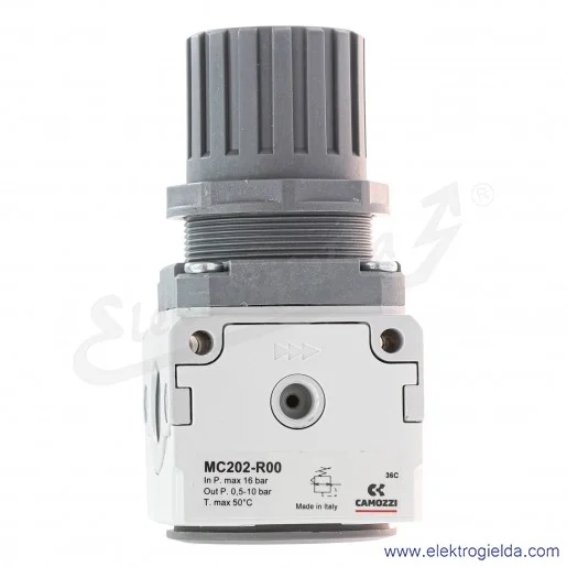 Reduktor ciśnienia MC202-R00, G1/2, zakres regulacji 0,5 ÷ 10 bar, 6000 l/min, odpowietrzenie samoczynne, bez manometru, Camozzi Reduktor ciśnienia MC202-R00, G1/2, zakres regulacji 0,5 ÷ 10 bar, 6000 l/min, odpowietrzenie samoczynne, bez manometru, Camozzi
