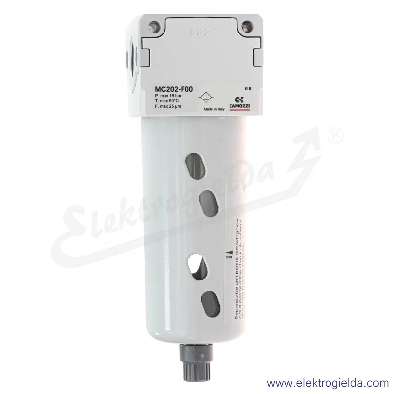 Filtr powietrza MC202-F00, G1/2, filtracja 25 µm, 0,3 ÷ 16 bar, 5100 l/min, spust półautomatyczny, Camozzi Filtr powietrza MC202-F00, G1/2, filtracja 25 µm, 0,3 ÷ 16 bar, 5100 l/min, spust półautomatyczny, Camozzi