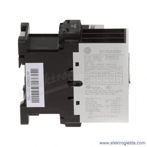 Stycznik EC18A311B042 42V AC 50/60 HZ, 1NO+1NC, 7.5KW/400V AC-3, 32A AC-1, 3-polowy Stycznik EC18A311B042 42V AC 50/60 HZ, 1NO+1NC, 7.5KW/400V AC-3, 32A AC-1, 3-polowy