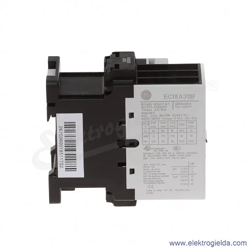 Stycznik EC18A311B230 230V AC 50/60 HZ, 1NO+1NC, 7.5KW/400V AC-3, 32A AC-1, 3-polowy Stycznik EC18A311B230 230V AC 50/60 HZ, 1NO+1NC, 7.5KW/400V AC-3, 32A AC-1, 3-polowy