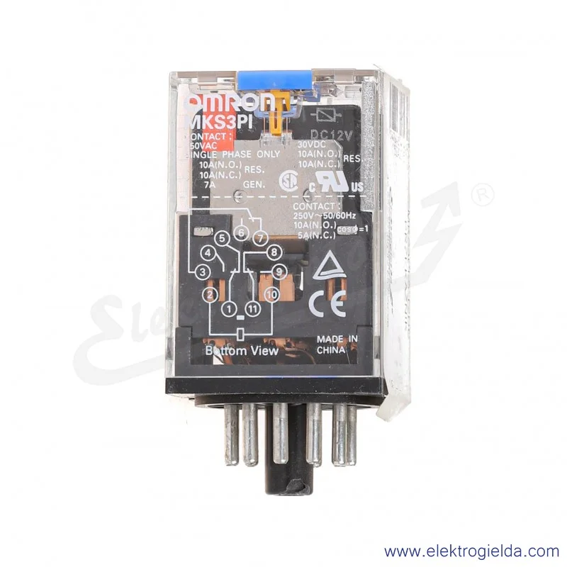 Przekaźnik wtykowy MKS3PI-5 12VDC 11-pinowy 3PDT 10A, wskaźnik mechaniczny, przycisk testowy