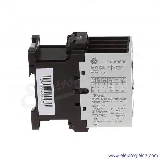 Stycznik EC12AB00B230 230V AC 50/60 HZ, 2NO+2NC, 5.5KW/400V AC-3, 25A AC-1, 4-polowy Stycznik EC12AB00B230 230V AC 50/60 HZ, 2NO+2NC, 5.5KW/400V AC-3, 25A AC-1, 4-polowy