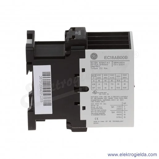 Stycznik EC18AB00B230 230V AC 50/60 HZ, 2NO+2NC, 7.5KW/400V AC-3, 32A AC-1, 4-polowy Stycznik EC18AB00B230 230V AC 50/60 HZ, 2NO+2NC, 7.5KW/400V AC-3, 32A AC-1, 4-polowy