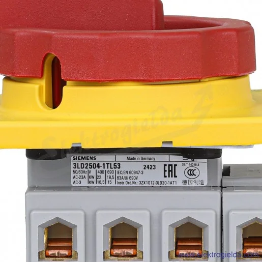 Rozłącznik główny 3LD2504-1TL53 4-BIEGUNOWY MOC: 18.5KW /AC-3; PRĄD: IU 63A MONTAŻ TABLICOWY Z ŻÓŁTO-CZERWONYM NAPĘDEM OBROTOW Rozłącznik główny 3LD2504-1TL53 4-BIEGUNOWY MOC: 18.5KW /AC-3; PRĄD: IU 63A MONTAŻ TABLICOWY Z ŻÓŁTO-CZERWONYM NAPĘDEM OBROTOW