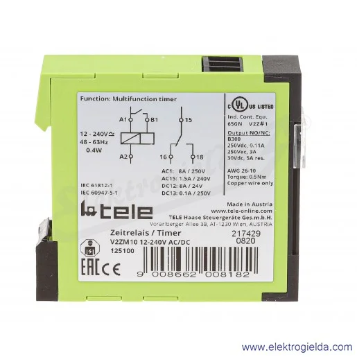 przekaźnik czasowy wielofunkcyjny 2615219 V2ZM10 12-240VAC/DC 0.05s-100h, 10 funkcji czasowych, 1x styk przełączny  przekaźnik czasowy wielofunkcyjny 2615219 V2ZM10 12-240VAC/DC 0.05s-100h, 10 funkcji czasowych, 1x styk przełączny