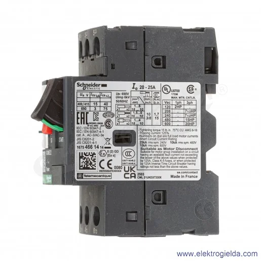 Wyłącznik silnikowy termomagnetyczny GV2ME22 napęd przyciskowy 20-25A zaciski skrzynkowe Wyłącznik silnikowy termomagnetyczny GV2ME22 napęd przyciskowy 20-25A zaciski skrzynkowe