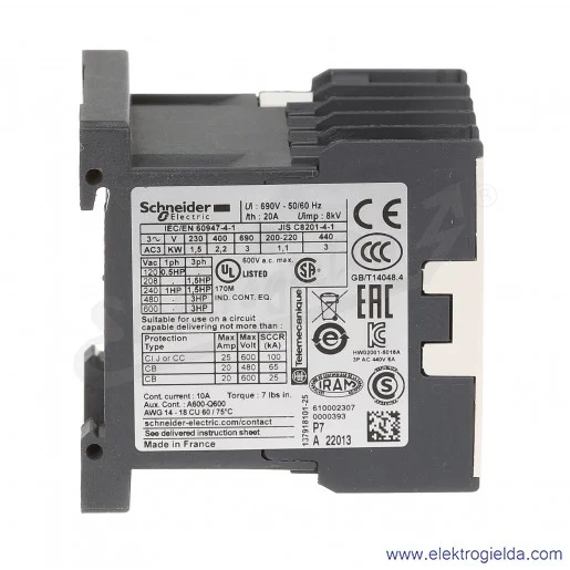 LC1K0610P7 1NO 2,2kW 20A Uc 230 VAC 50/60Hz Stycznik miniaturowy, zaciski śrubowe LC1K0610P7 1NO 2,2kW 20A Uc 230 VAC 50/60Hz Stycznik miniaturowy, zaciski śrubowe