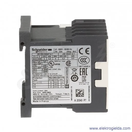 LC1K1201P7 1NC 5,5kW 20A Uc 230 VAC 50/60Hz Stycznik miniaturowy, zaciski śrubowe LC1K1201P7 1NC 5,5kW 20A Uc 230 VAC 50/60Hz Stycznik miniaturowy, zaciski śrubowe