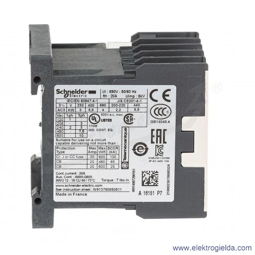LC1K1210P7 1NO 5,5kW 20A Uc 230 VAC 50/60Hz Stycznik miniaturowy, zaciski śrubowe LC1K1210P7 1NO 5,5kW 20A Uc 230 VAC 50/60Hz Stycznik miniaturowy, zaciski śrubowe