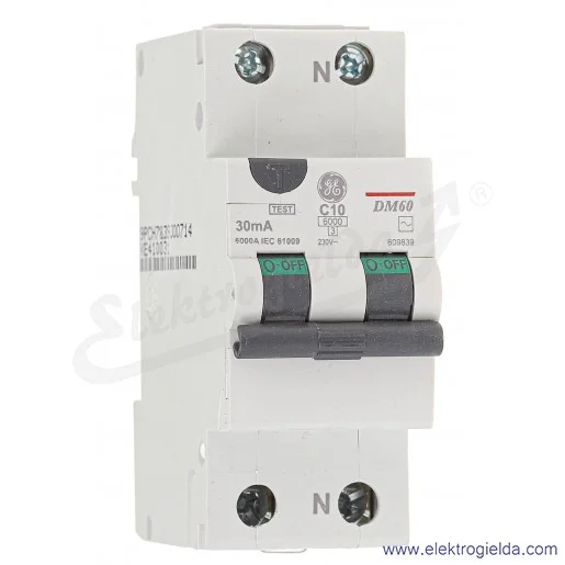 Wyłącznik różnicowoprądowy 609839 DM60 typ C, 1P+N, 10A, 30mA Wyłącznik różnicowoprądowy 609839 DM60 typ C, 1P+N, 10A, 30mA