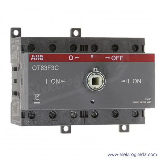 Przełącznik sieć-agregat 1SCA105338R1001 OT63F3C 1-0-2 63A, bez ośki i pokrętła, 22kW 750V Przełącznik sieć-agregat 1SCA105338R1001 OT63F3C 1-0-2 63A, bez ośki i pokrętła, 22kW 750V
