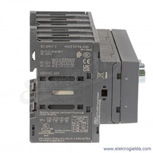 Przełącznik sieć-agregat 1SCA105338R1001 OT63F3C 1-0-2 63A, bez ośki i pokrętła, 22kW 750V