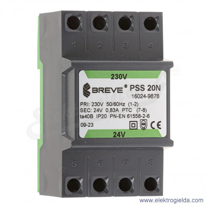 Transformator bezpieczeństwa w obudowie 16024-9878 PSS 20N 230/24V montaż na szynie DIN IP20 Transformator bezpieczeństwa w obudowie 16024-9878 PSS 20N 230/24V montaż na szynie DIN IP20