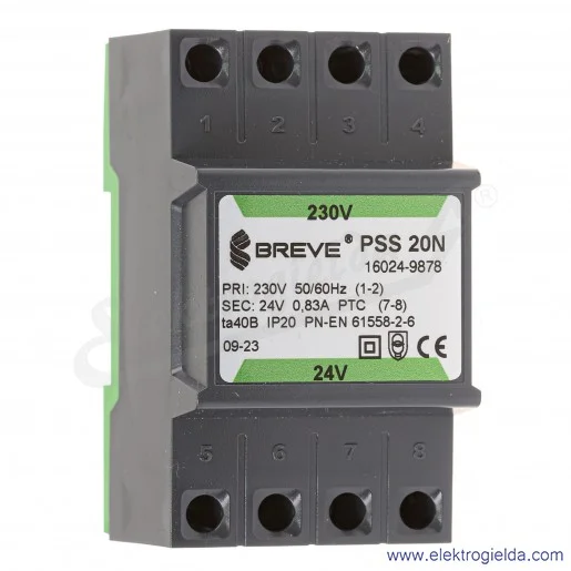 Transformator bezpieczeństwa w obudowie 16024-9878 PSS 20N 230/24V montaż na szynie DIN IP20 Transformator bezpieczeństwa w obudowie 16024-9878 PSS 20N 230/24V montaż na szynie DIN IP20